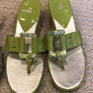 Lime green wedge sandal.